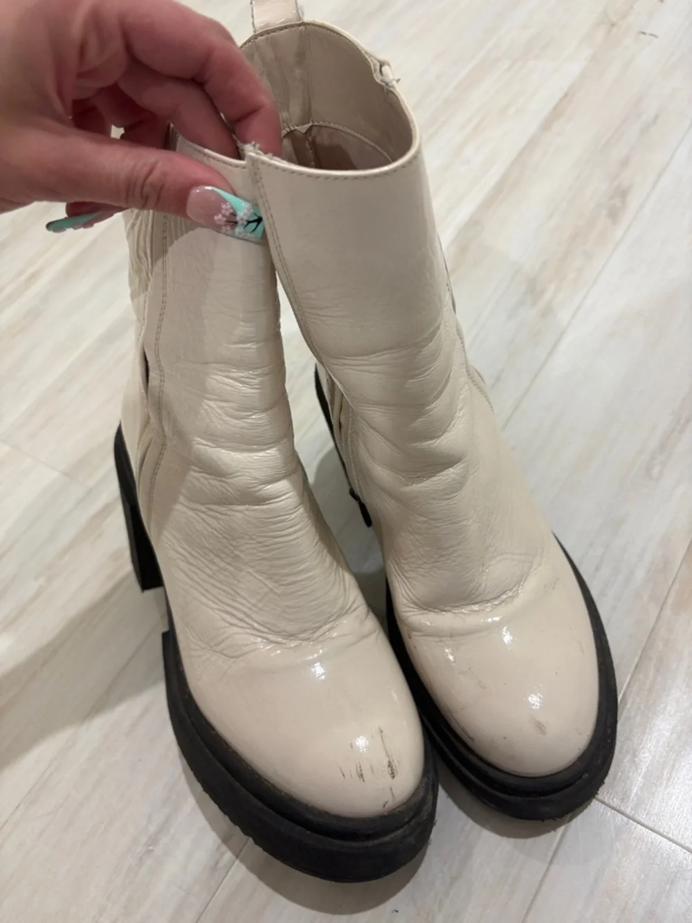 Steve Madden Cream Patent Platform Ankle Boots with Black Soles